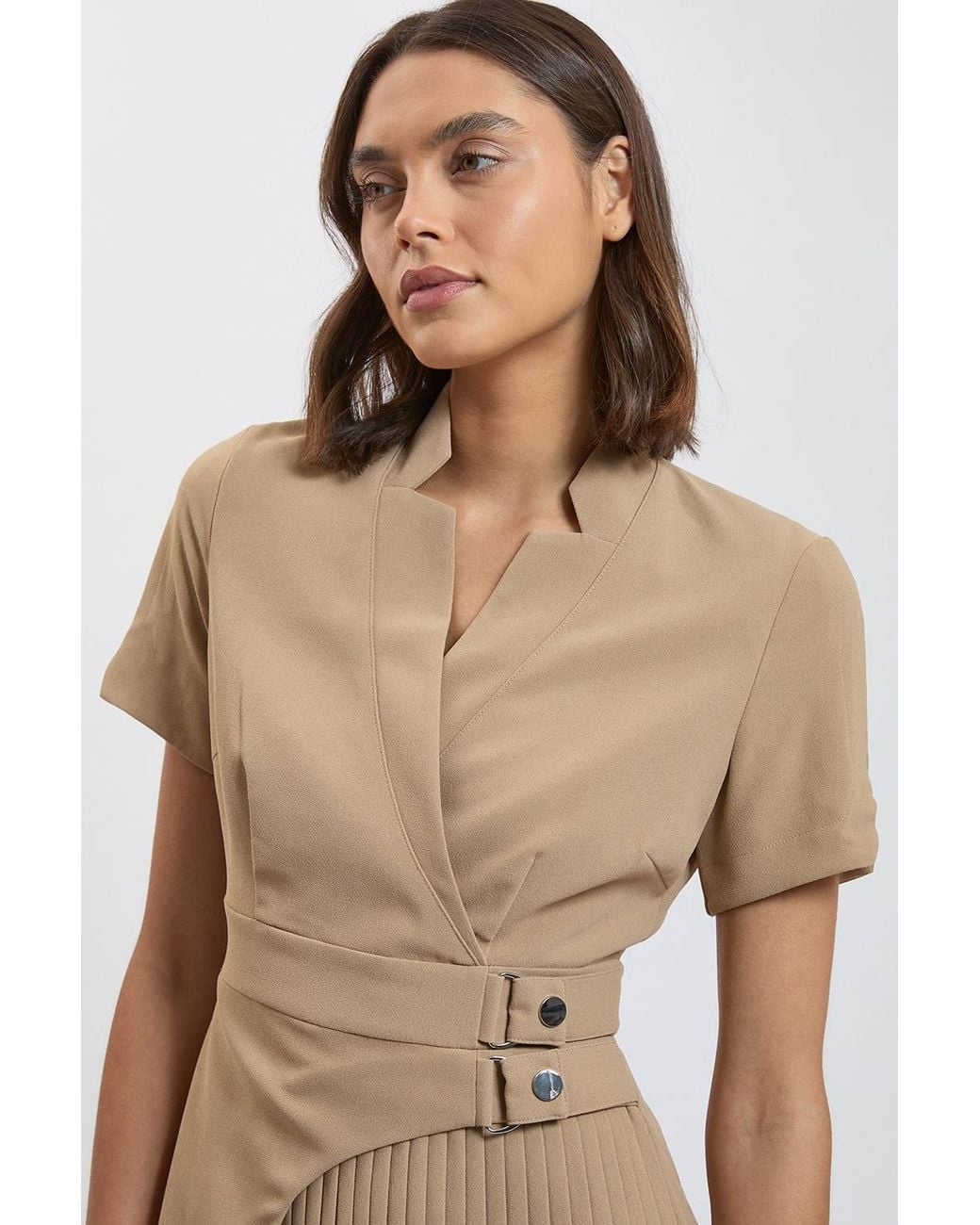 Karen Millen Natural Forever Tailored Crepe Military Pleat Notch Neck Wrap Mini Dress