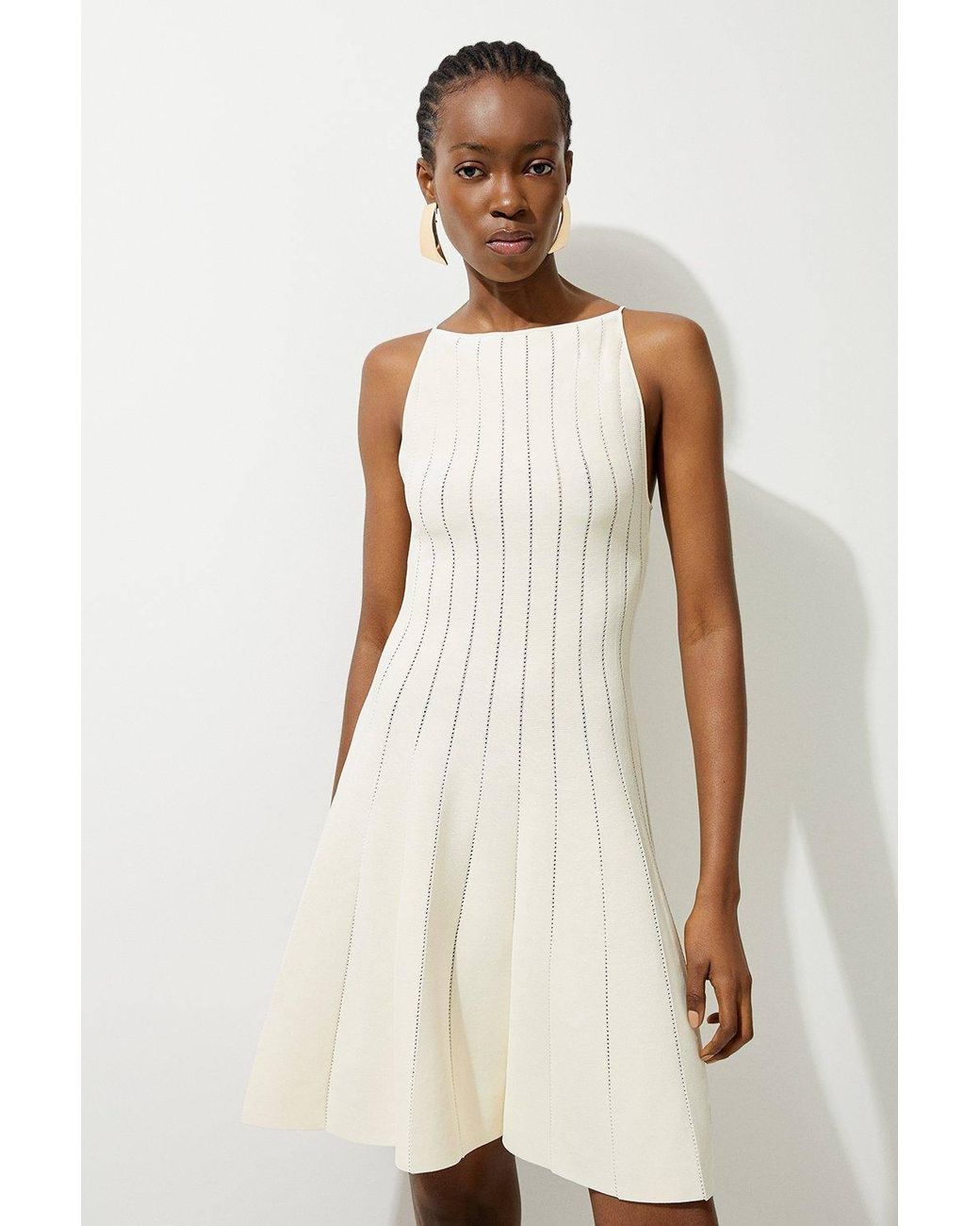 Karen Millen Natural Viscose Blend Sheer Detail Knit Flippy Mini Dress