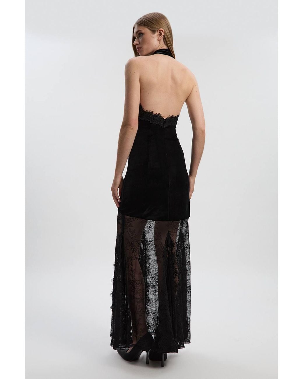 Karen Millen Black Lace With Velvet Detail Halter Neck Maxi Dress