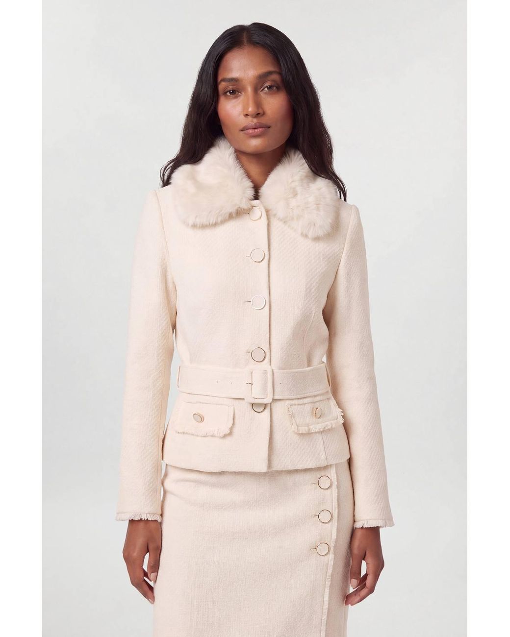 Karen Millen Natural Texture Tweed Detachable Faux Fur Collar Tailored Jacket