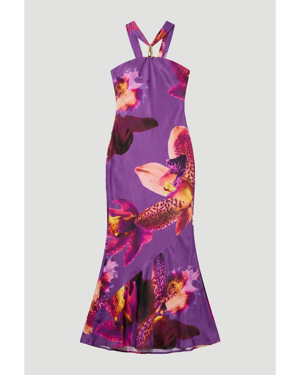 Karen Millen Black Viscose Satin Floral Print Halter Neck Maxi Dress
