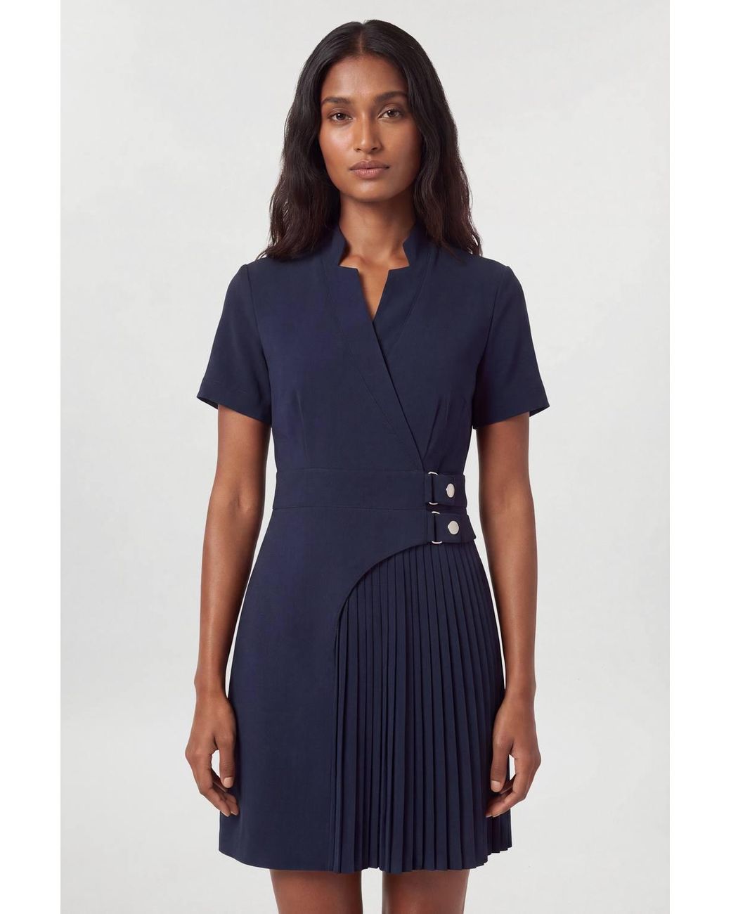 Karen Millen Blue Forever Tailored Crepe Military Pleat Notch Neck Wrap Mini Dress