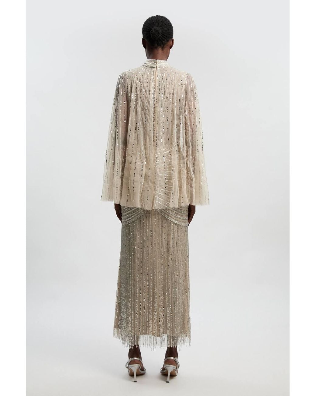 Karen Millen Natural Embellished Woven Maxi Dress With Cape Sleeve