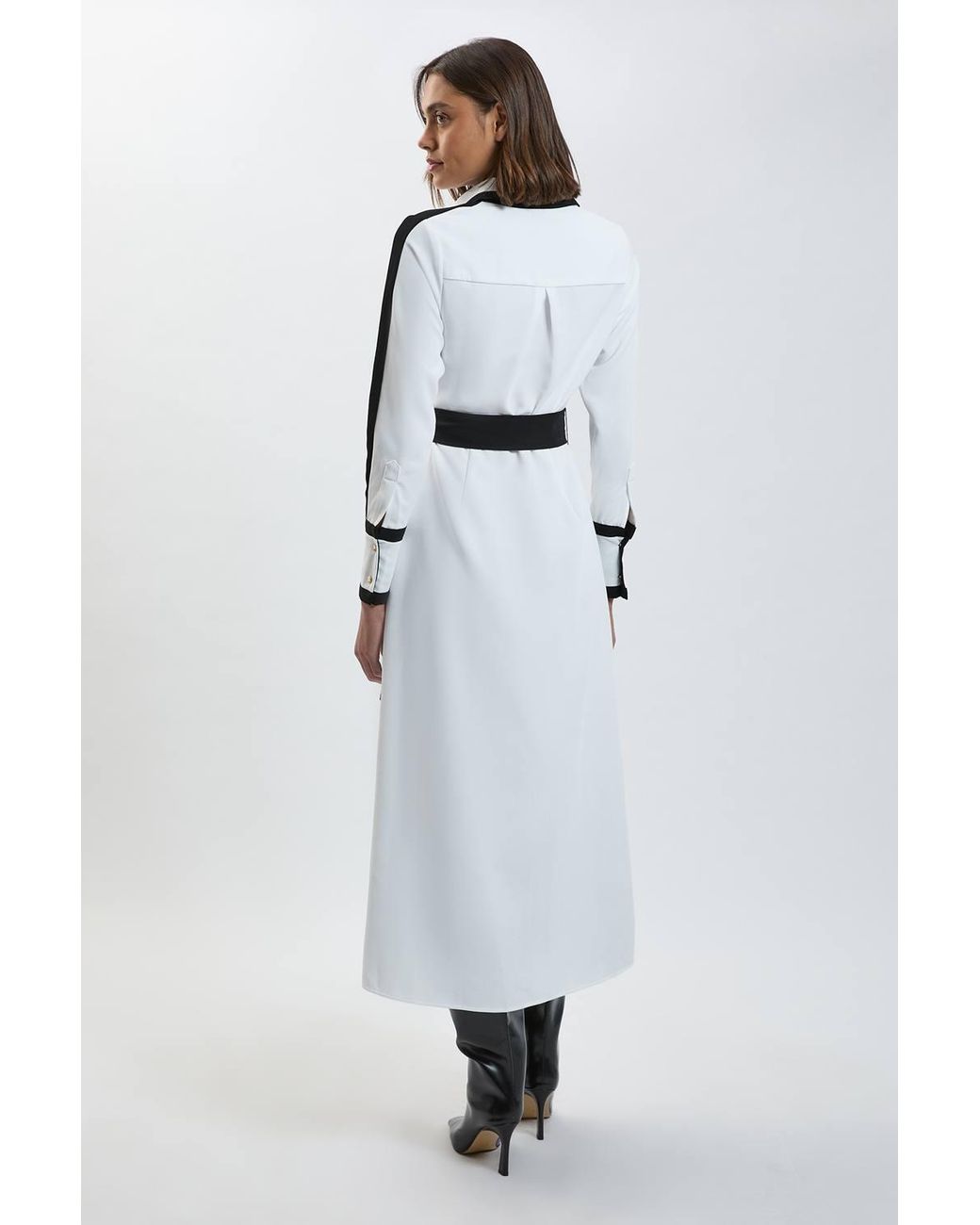 Karen Millen White Forever Colour Block Twill Woven Belted Midi Shirt Dress