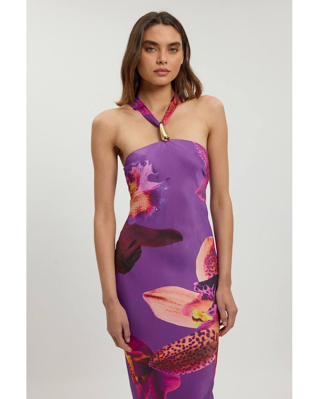 Karen Millen Black Viscose Satin Floral Print Halter Neck Maxi Dress