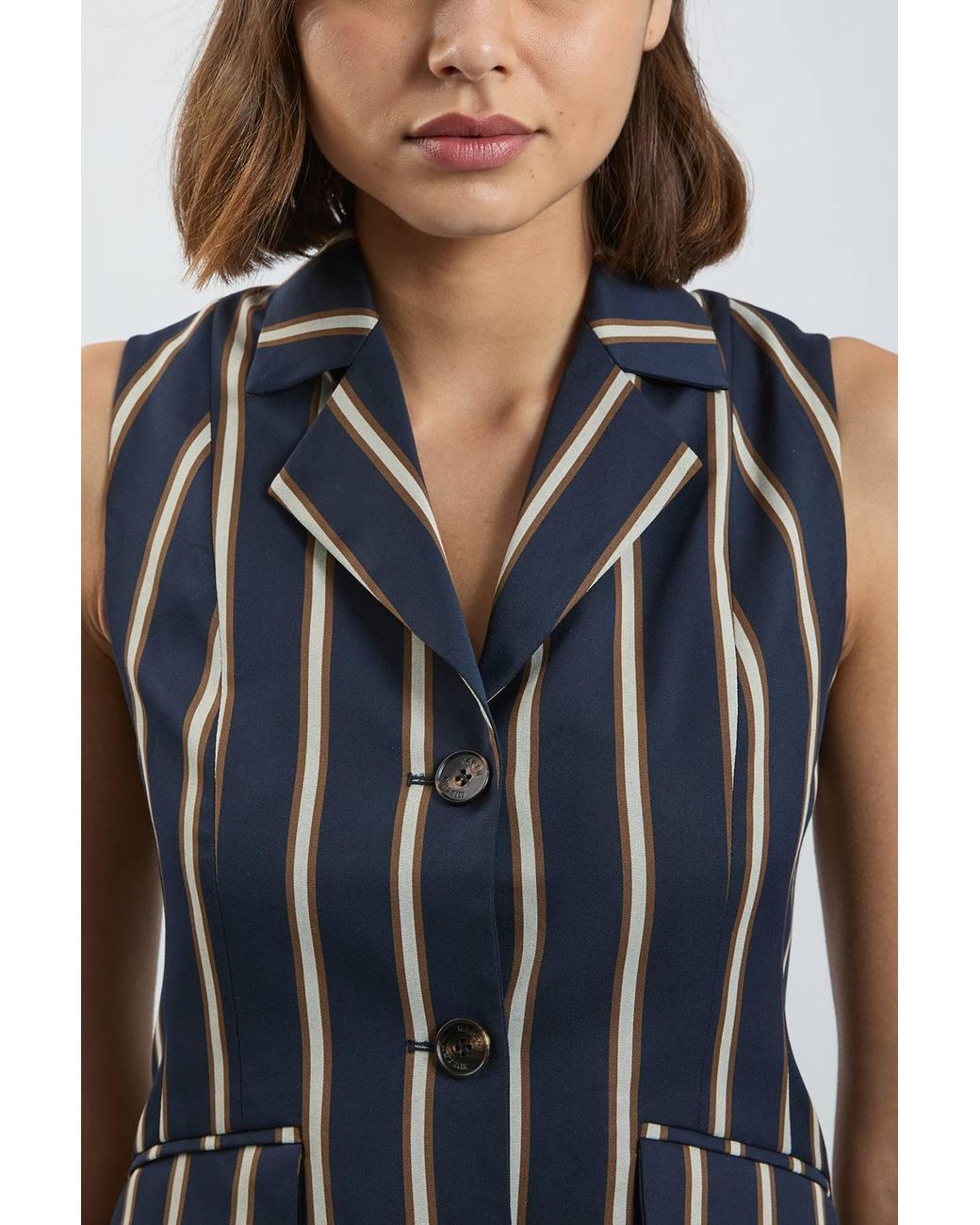 Karen Millen Blue Stripe Single Breasted Sleeveless Jacket