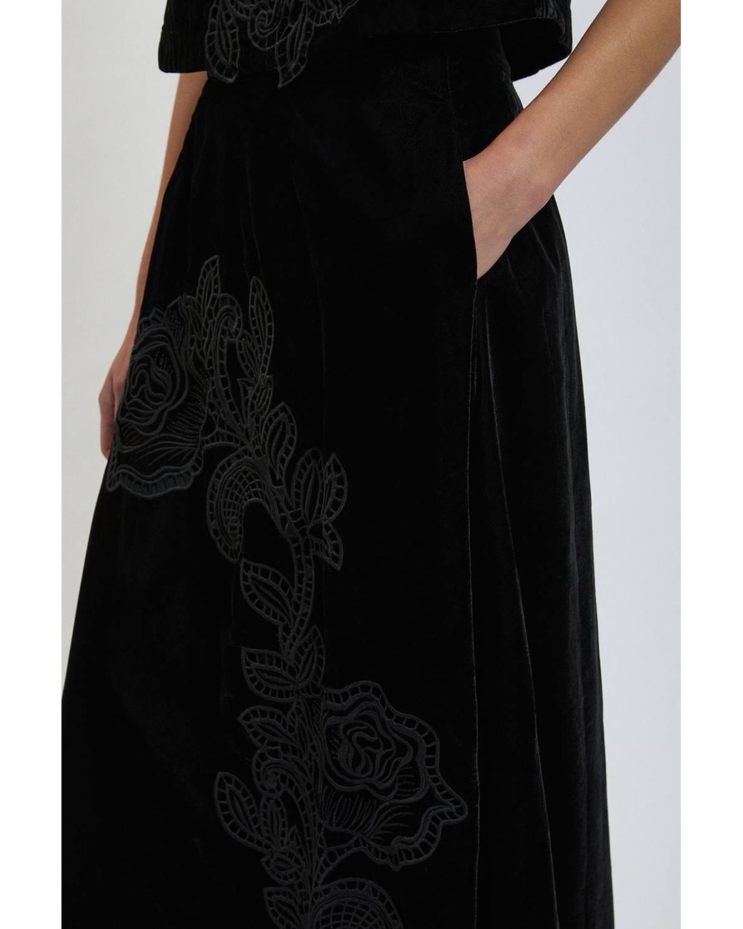 Karen Millen Black Velvet Cutwork Co Ord Midi Skirt
