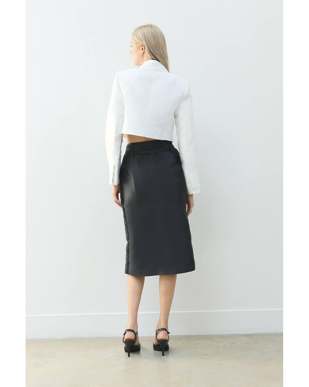 Karen Millen Black Forever Satin Twill Belted Tailored Midi Skirt