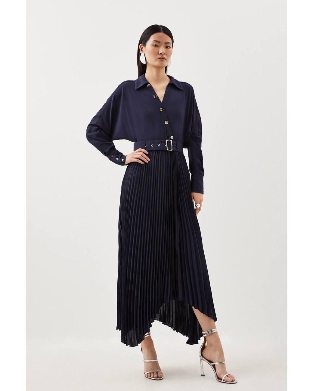 Karen Millen Blue Petite Jersey And Georgette Mix Belted Pleat Midi Dress