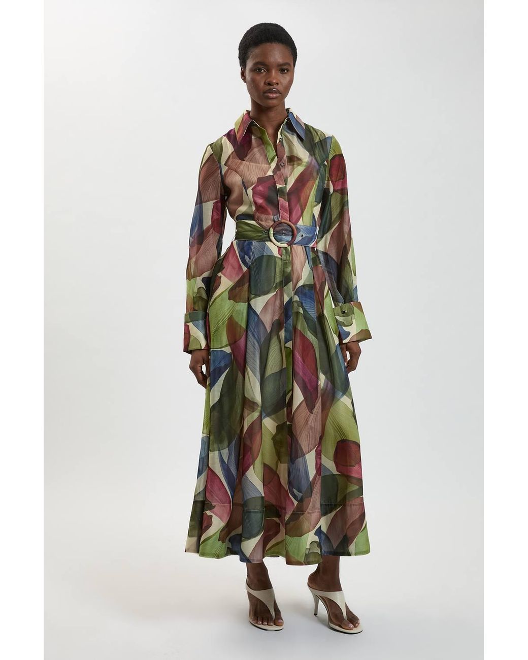 Karen Millen White Petal Print Organza Maxi Shirt Dress