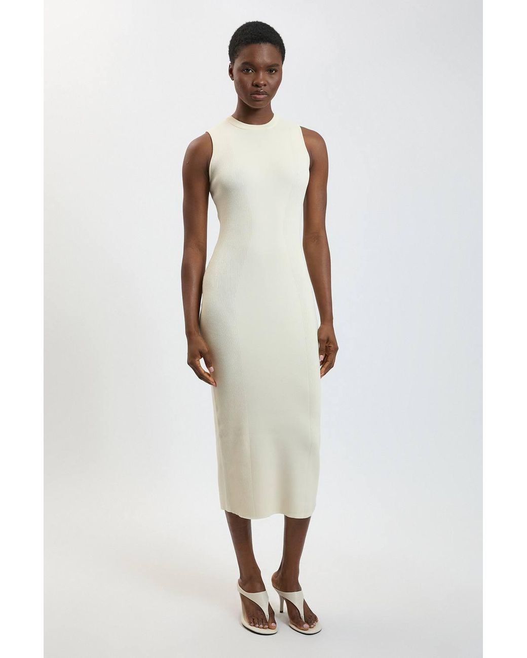 Karen Millen White Rib Knitted Crew Neck Midi Dress