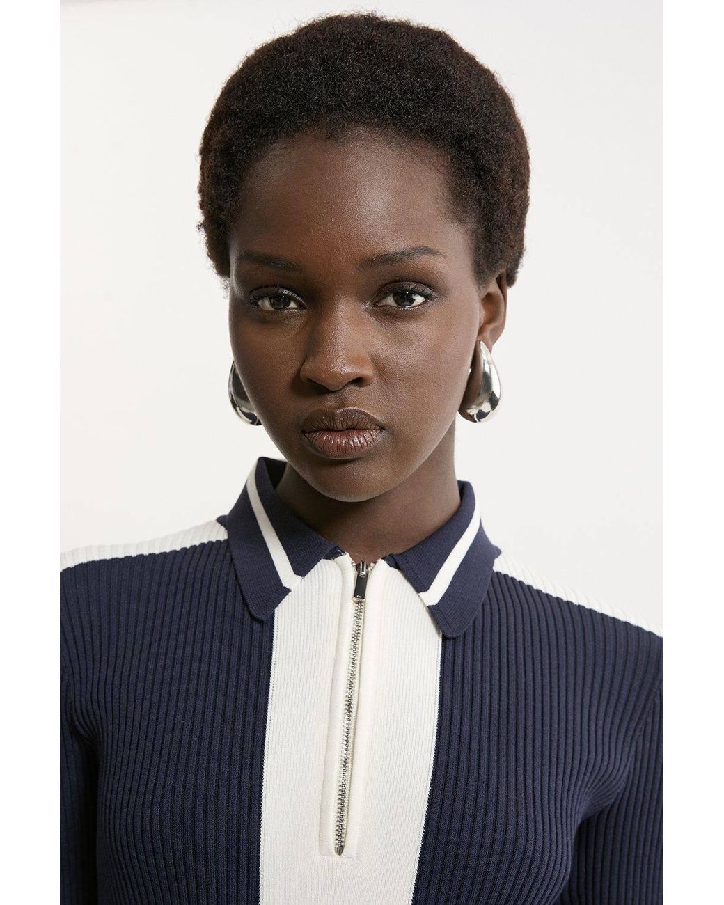 Karen Millen Blue Rib Knit Polo Zip Up Midi Dress