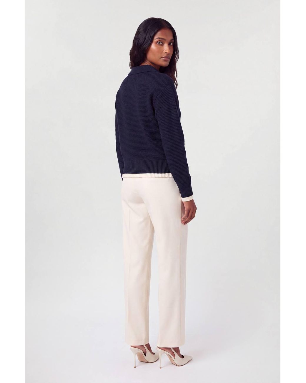 Karen Millen Blue Cotton Button Detail Knit Boxy Cardigan Sweater