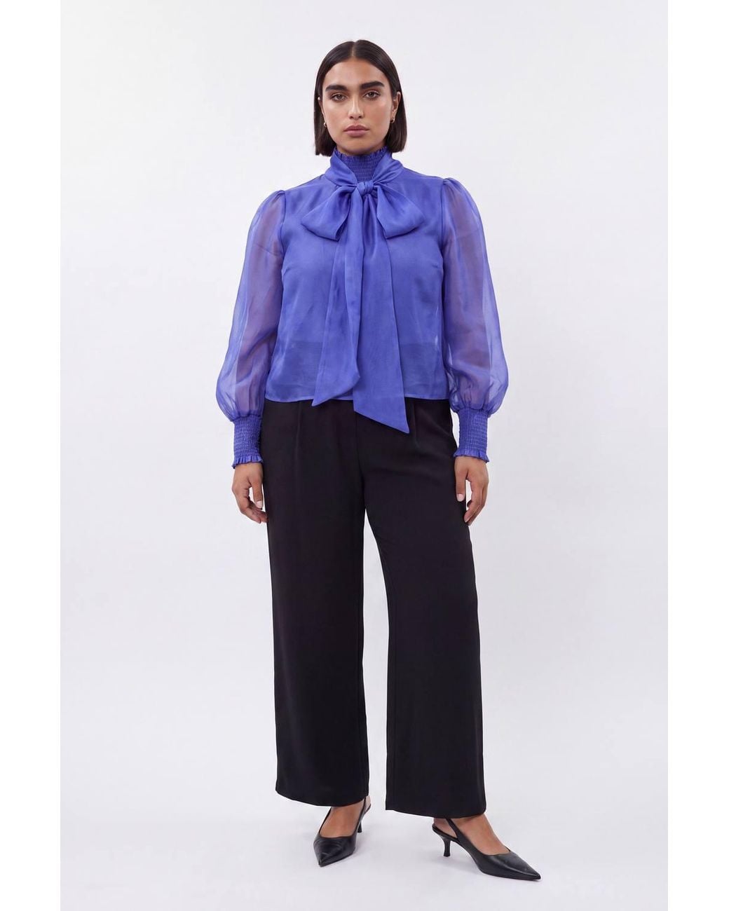 Karen Millen Blue Plus Size High Neck Ruched Detail Blouse