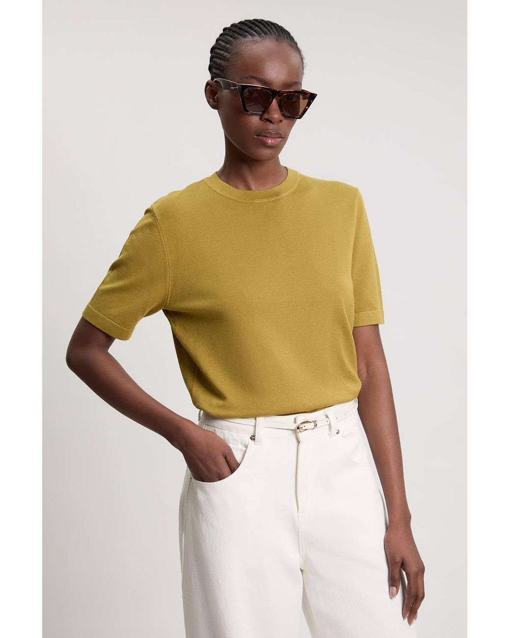 Karen Millen Yellow Forever Viscose Blend Knit Crew Neck Short Sleeve Top