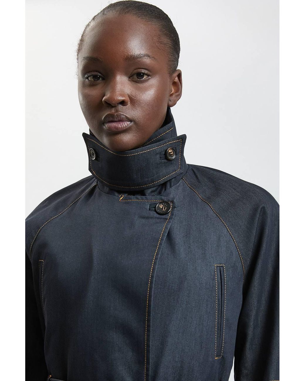 Karen Millen Blue Petite Tailored Denim High Neck Belted Trench Coat