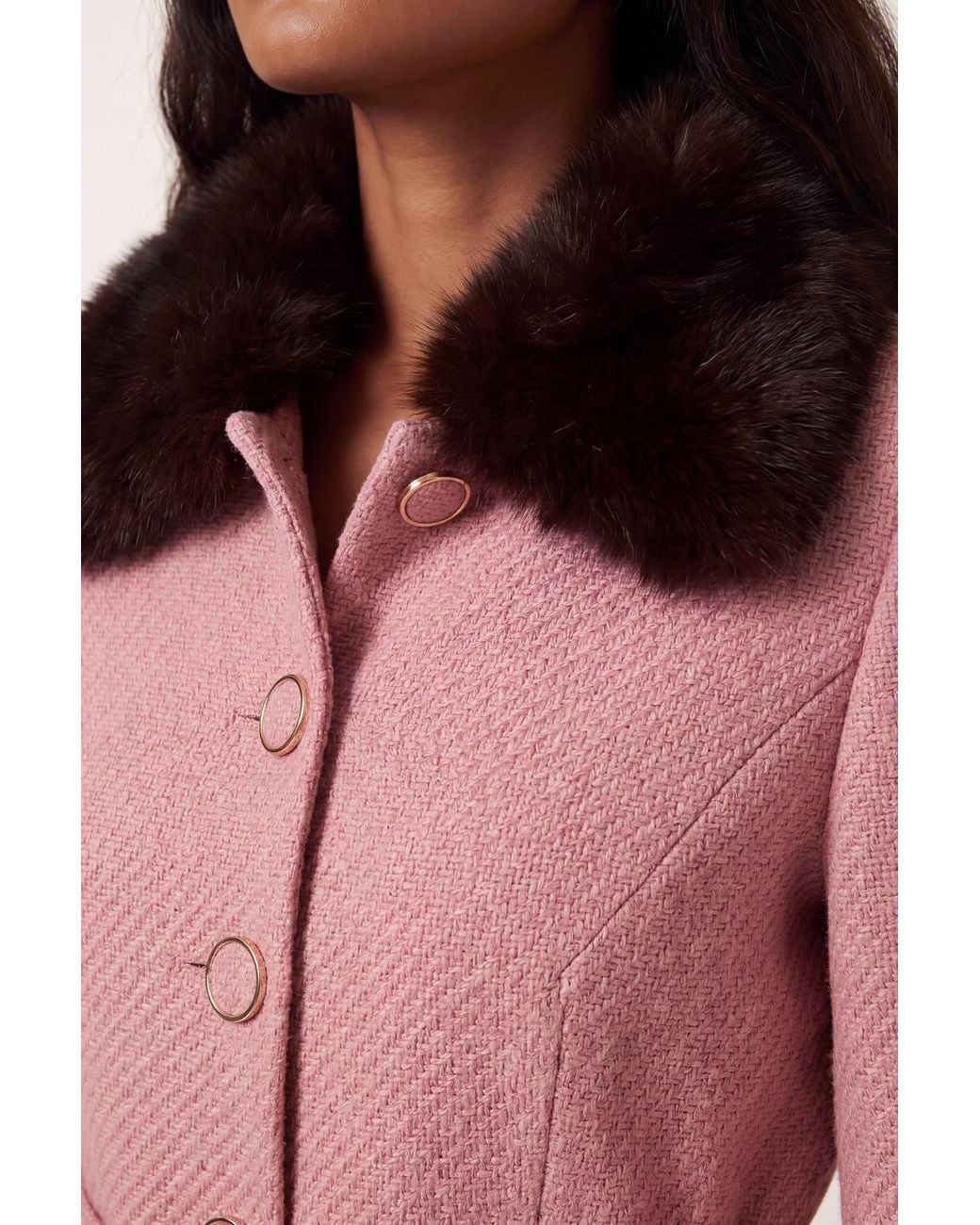 Karen Millen Pink Texture Tweed Detachable Faux Fur Collar Tailored Jacket
