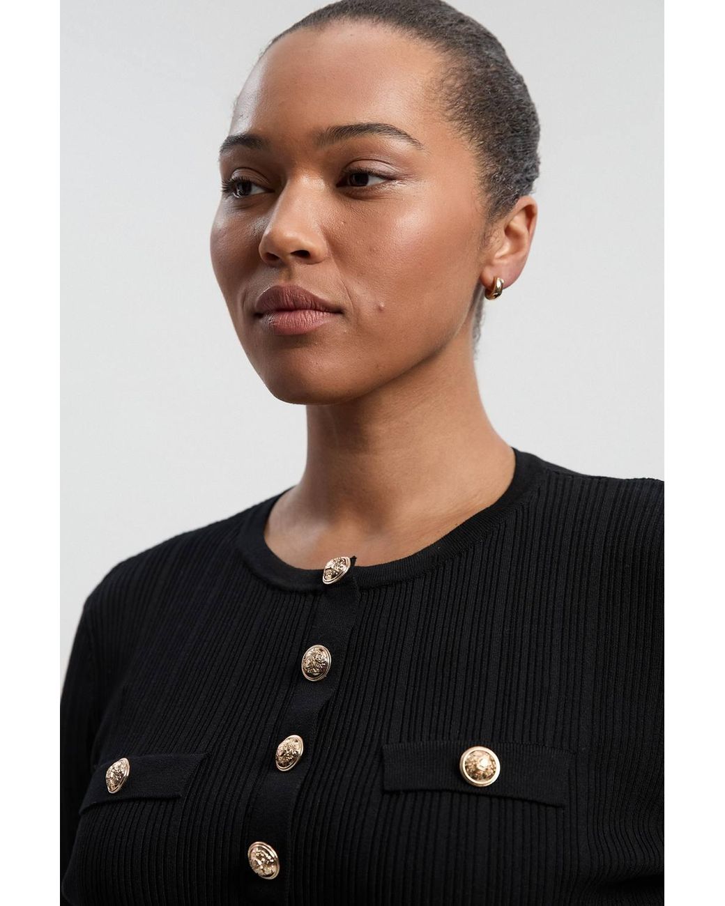 Karen Millen Black Plus Size Forever Military Trim Rib Long Sleeve Knit Top