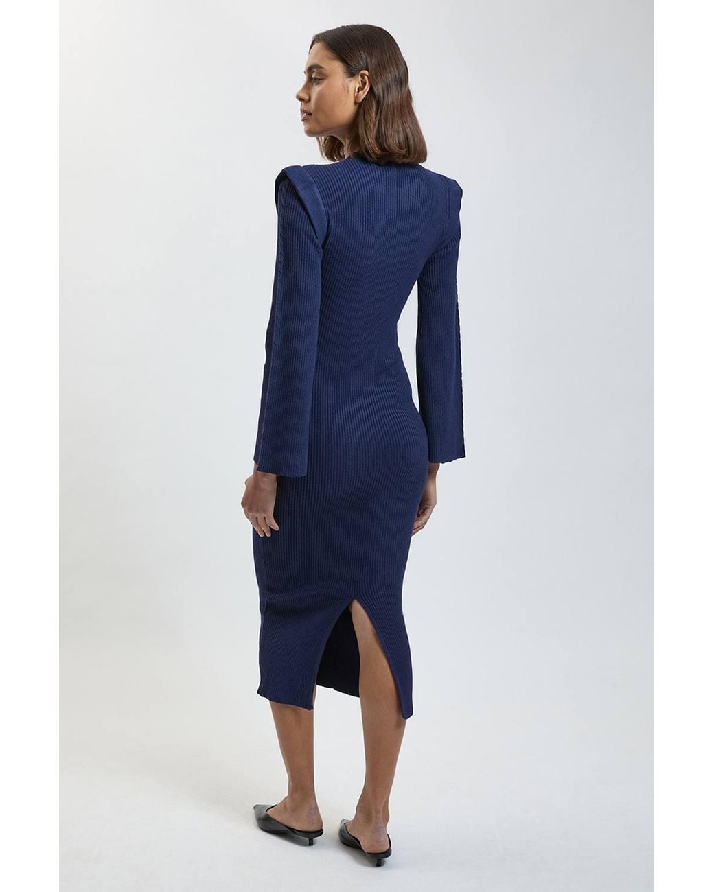Karen Millen Blue Chain Stitch Wide Shoulder Knitted Midi Dress