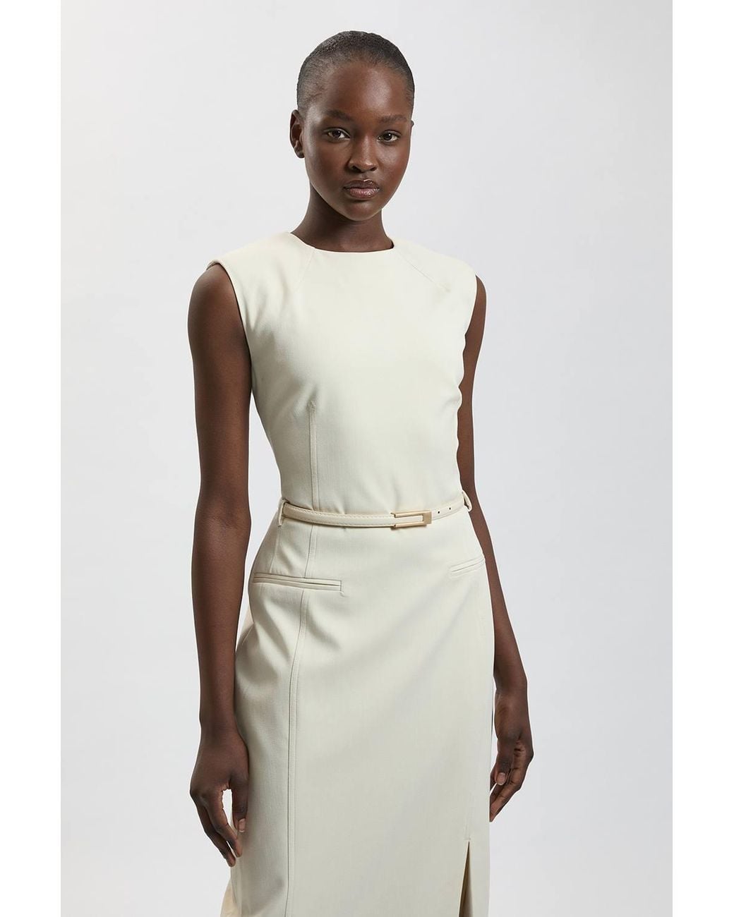 Karen Millen White Tailored Belted Midi Skirt Pencil Dress