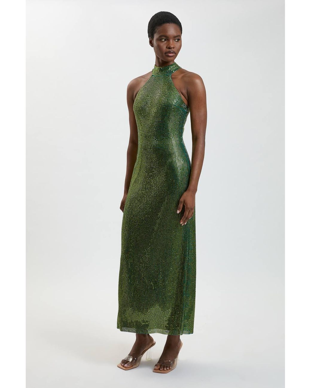 Karen Millen Green Premium Crystal Embellished Halter Neck Maxi Dress