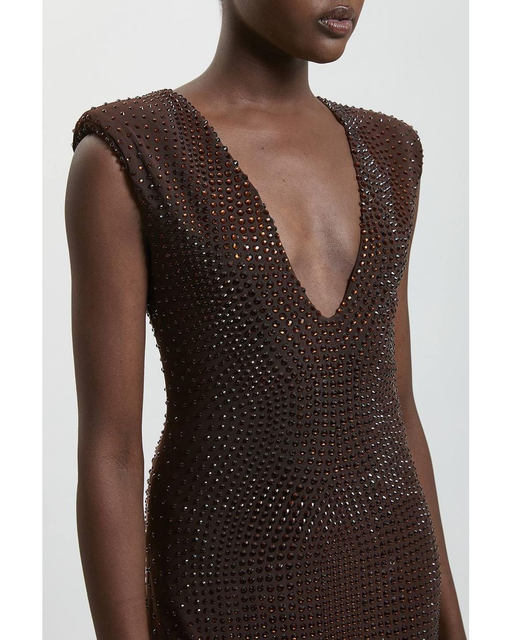 Karen Millen Brown Premium Crystal Embellished Jersey Sleeveless Plunge Neck Midi Dress
