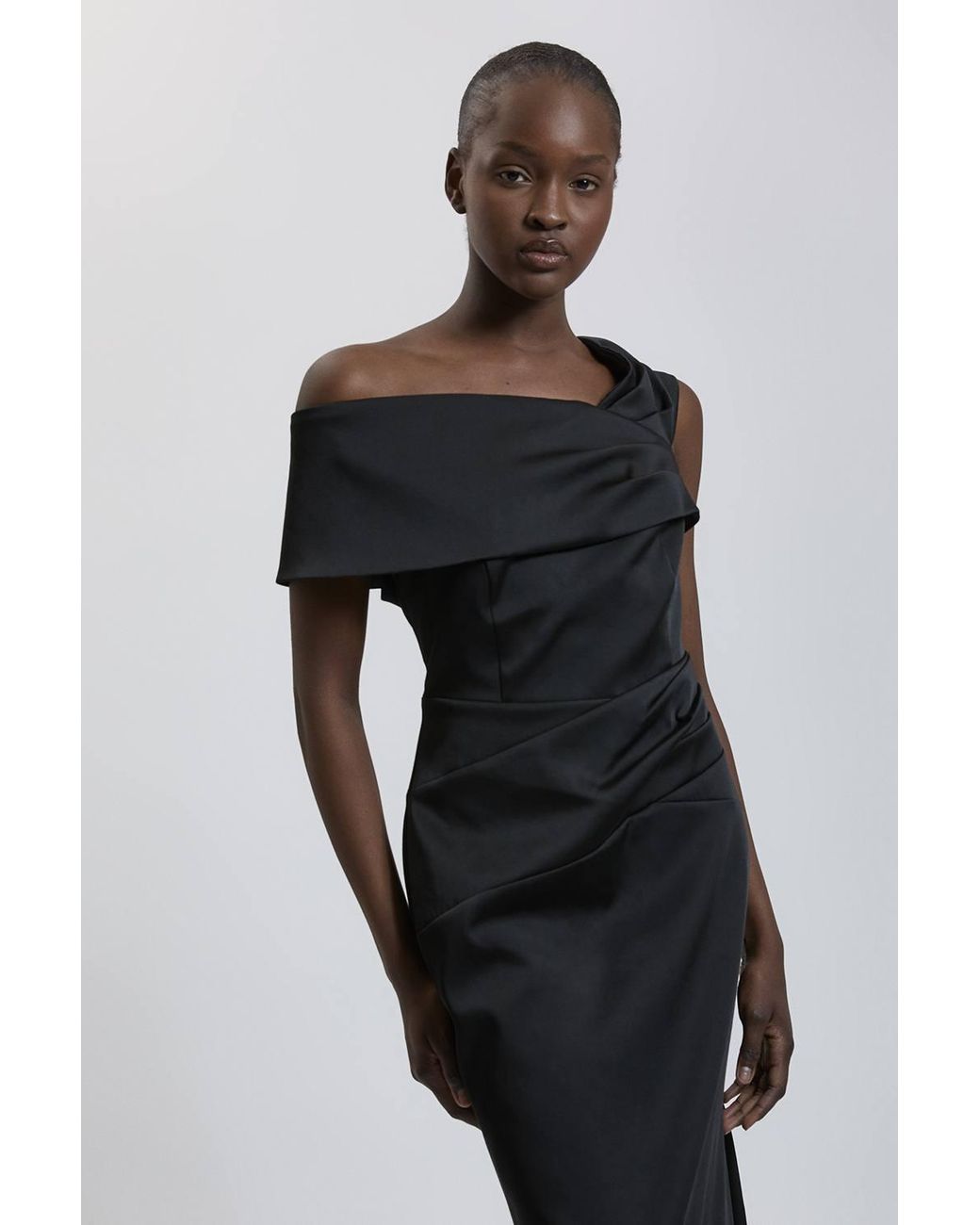 Karen Millen Black Tailored Satin Drape Asymmetric Maxi Fishtail Dress