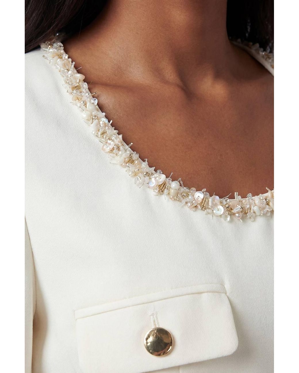 Karen Millen White Petite Tweed Embellished Trim Tailored Belted Mini Dress