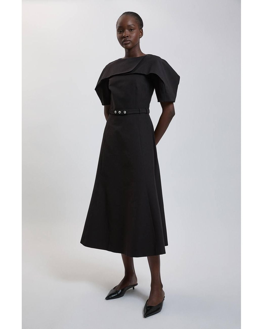 Karen Millen Black Polished Compact Rounded Full Skirted Midi Dress