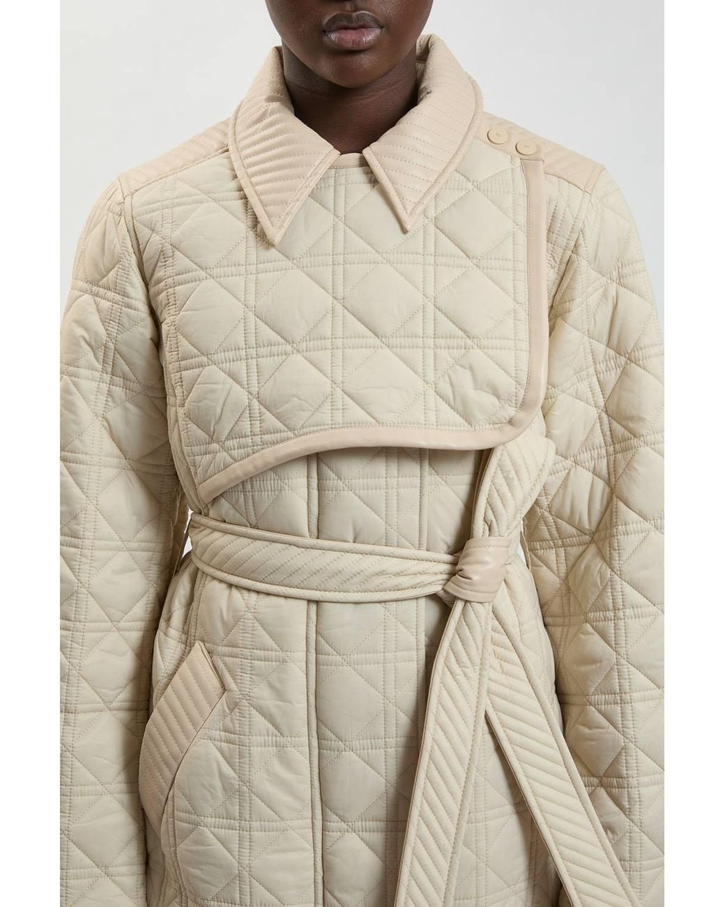 Karen Millen Natural Quilted & Pu Mix Belted Padded Midi Coat