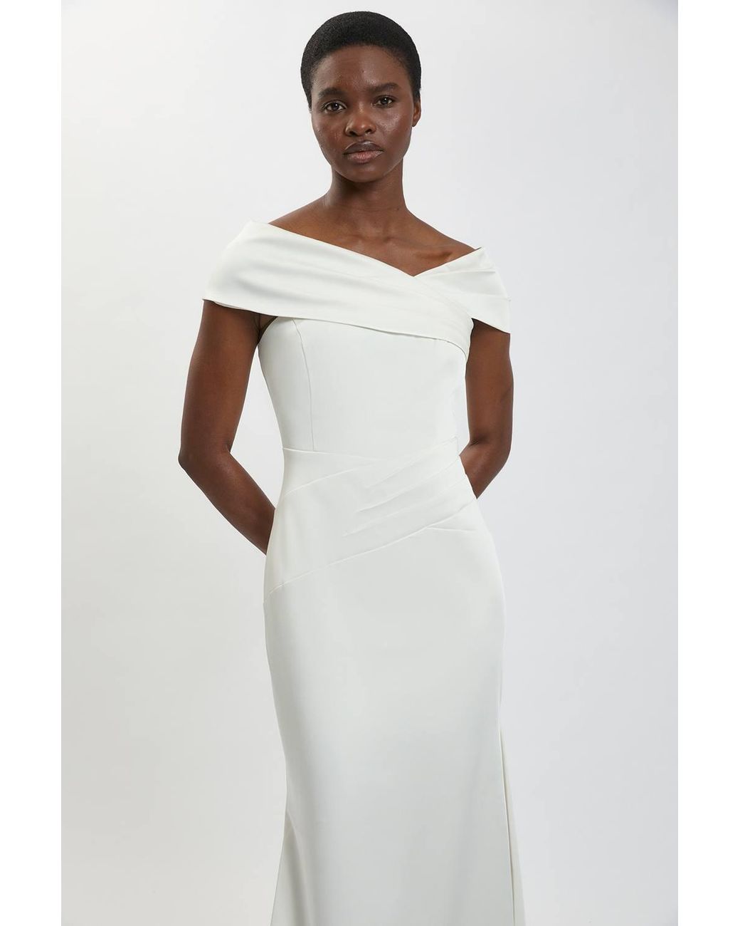 Karen Millen White Tailored Satin Drape Asymmetric Maxi Fishtail Dress