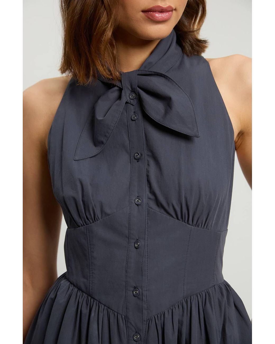 Karen Millen Blue Cotton Poplin Tie Neck Midi Dress