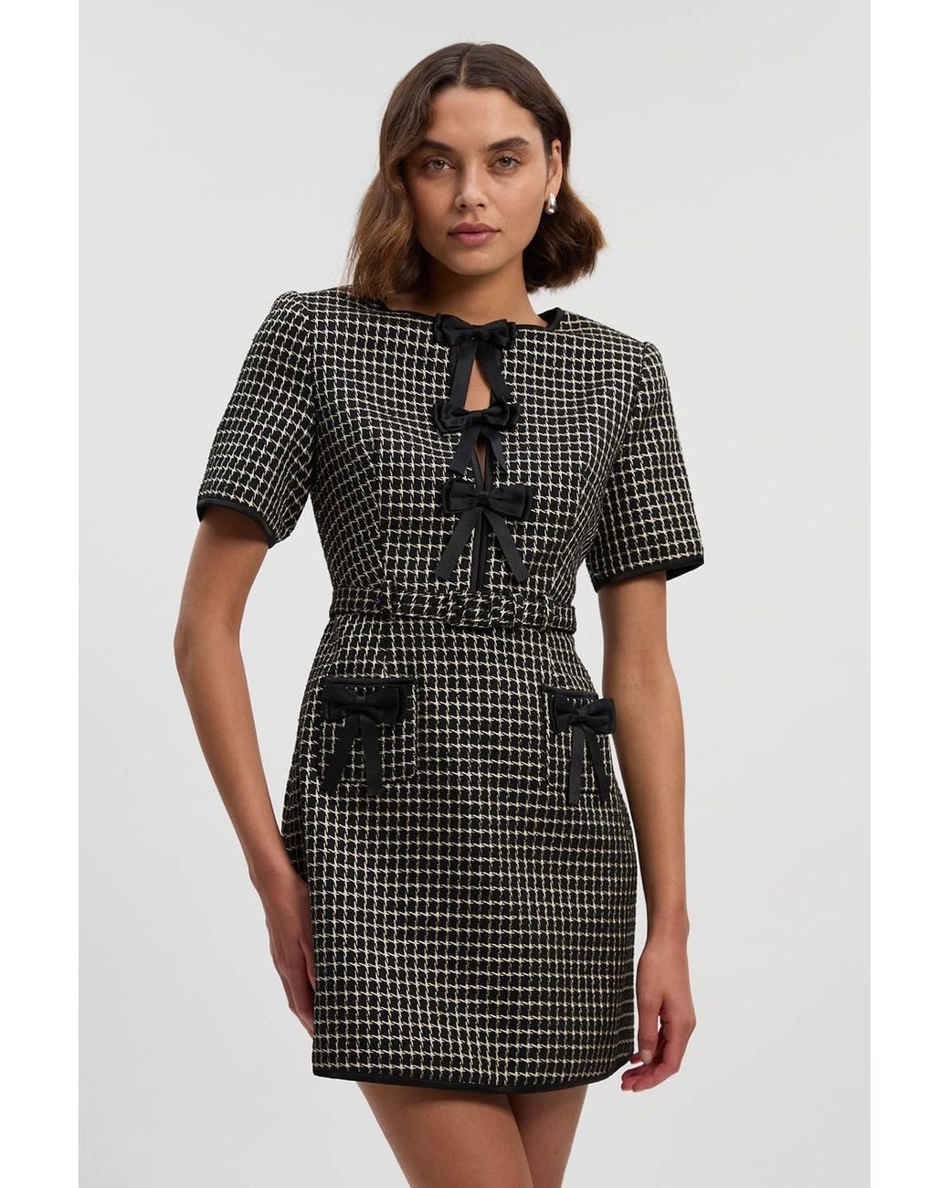 Karen Millen Black Tailored Tweed Bow Detail Mini Dress