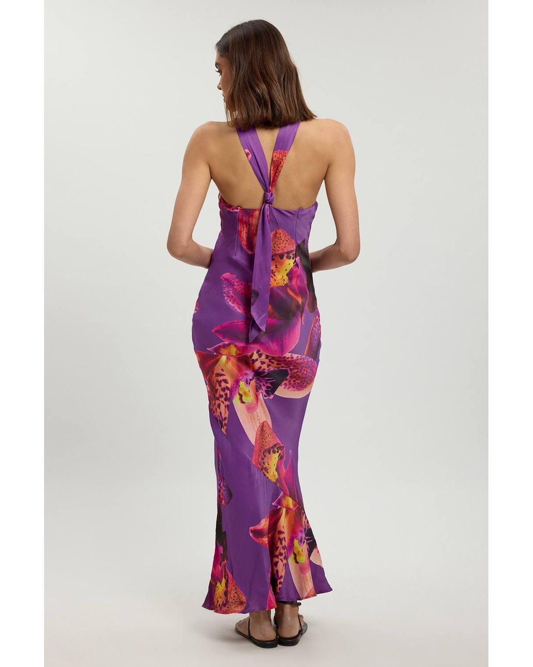 Karen Millen Black Viscose Satin Floral Print Halter Neck Maxi Dress