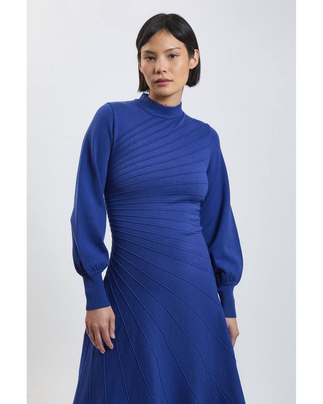 Karen Millen Blue Petite Wool Look Rib Detail Long Sleeve Knitted Dress