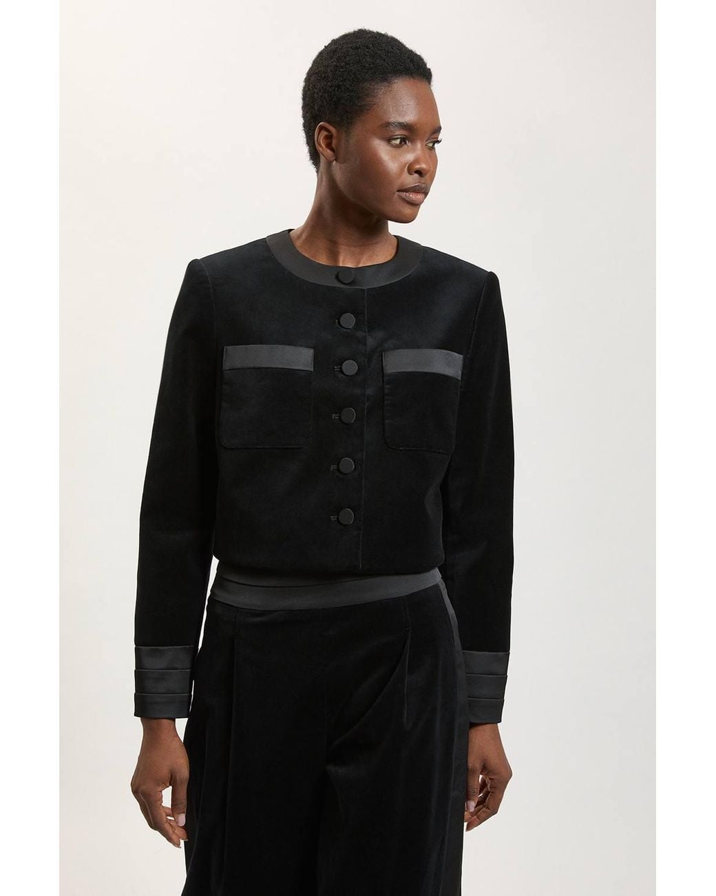 Karen Millen Black Petite Velvet Tailored Collarless Blazer