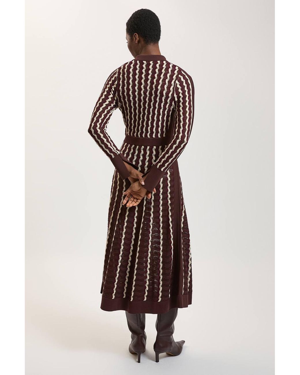Karen Millen Knit Pointelle Contrast Collared Midi Dress