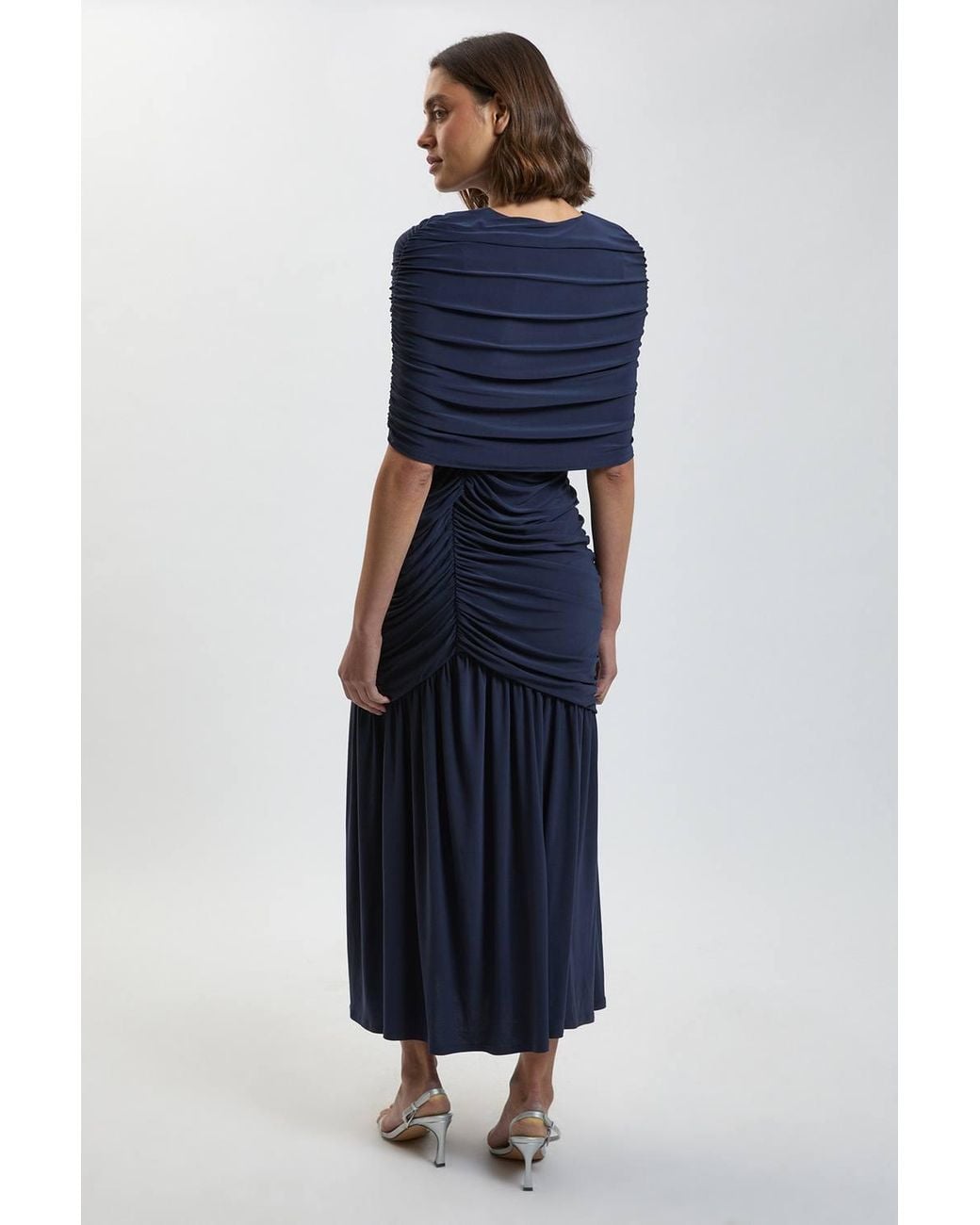 Karen Millen Blue Petite Drapey Crepe Maxi Dress With Gathered Cape Detail