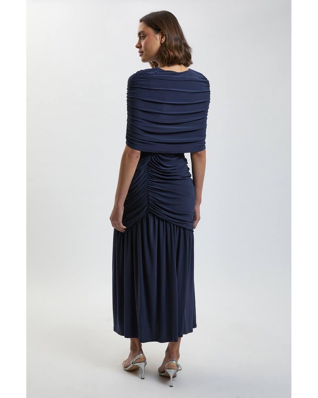 Karen Millen Blue Drapey Crepe Maxi Dress With Gathered Cape Detail