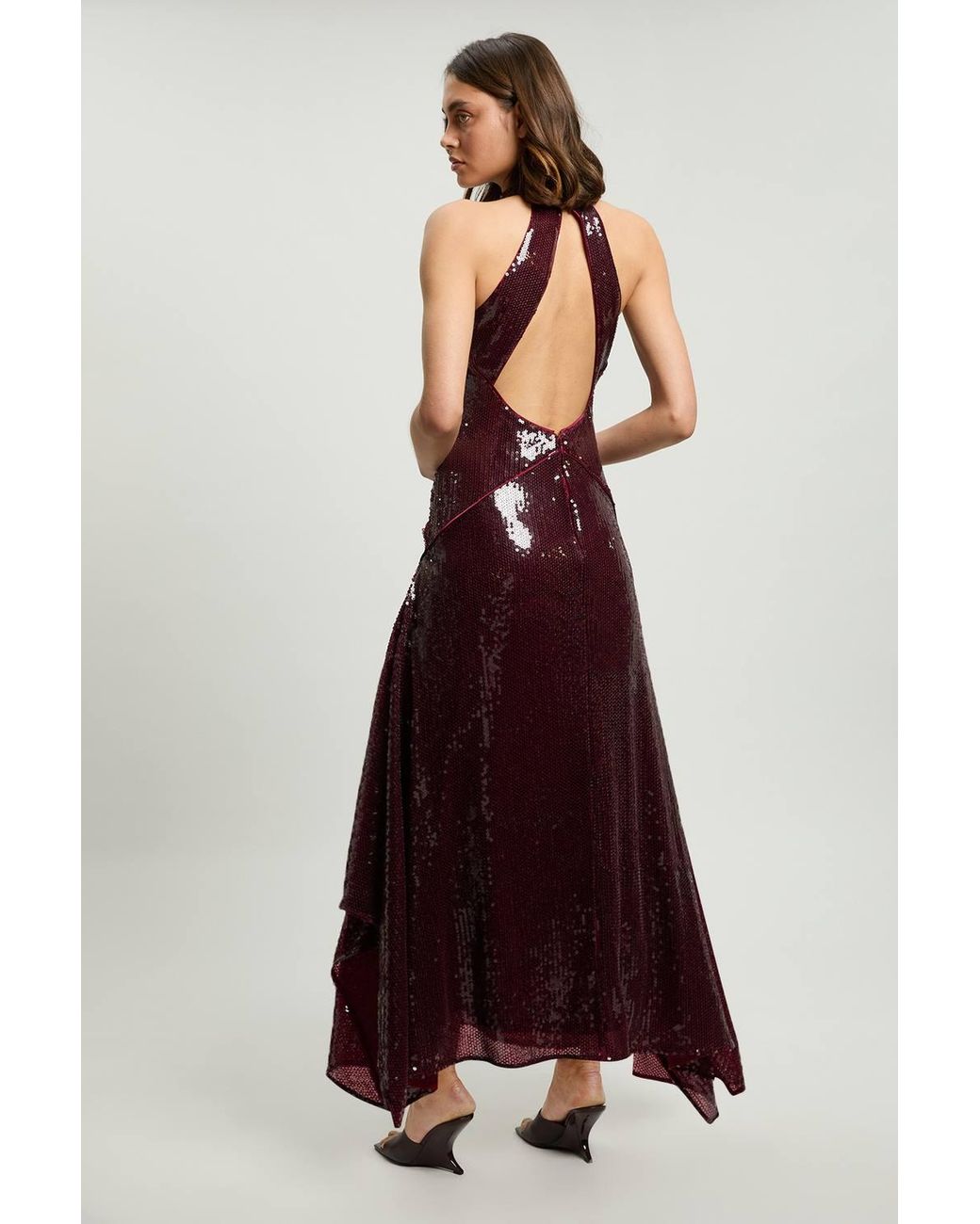 Karen Millen Red Petite Sequin Halter Neck Hanky Hem Maxi Dress