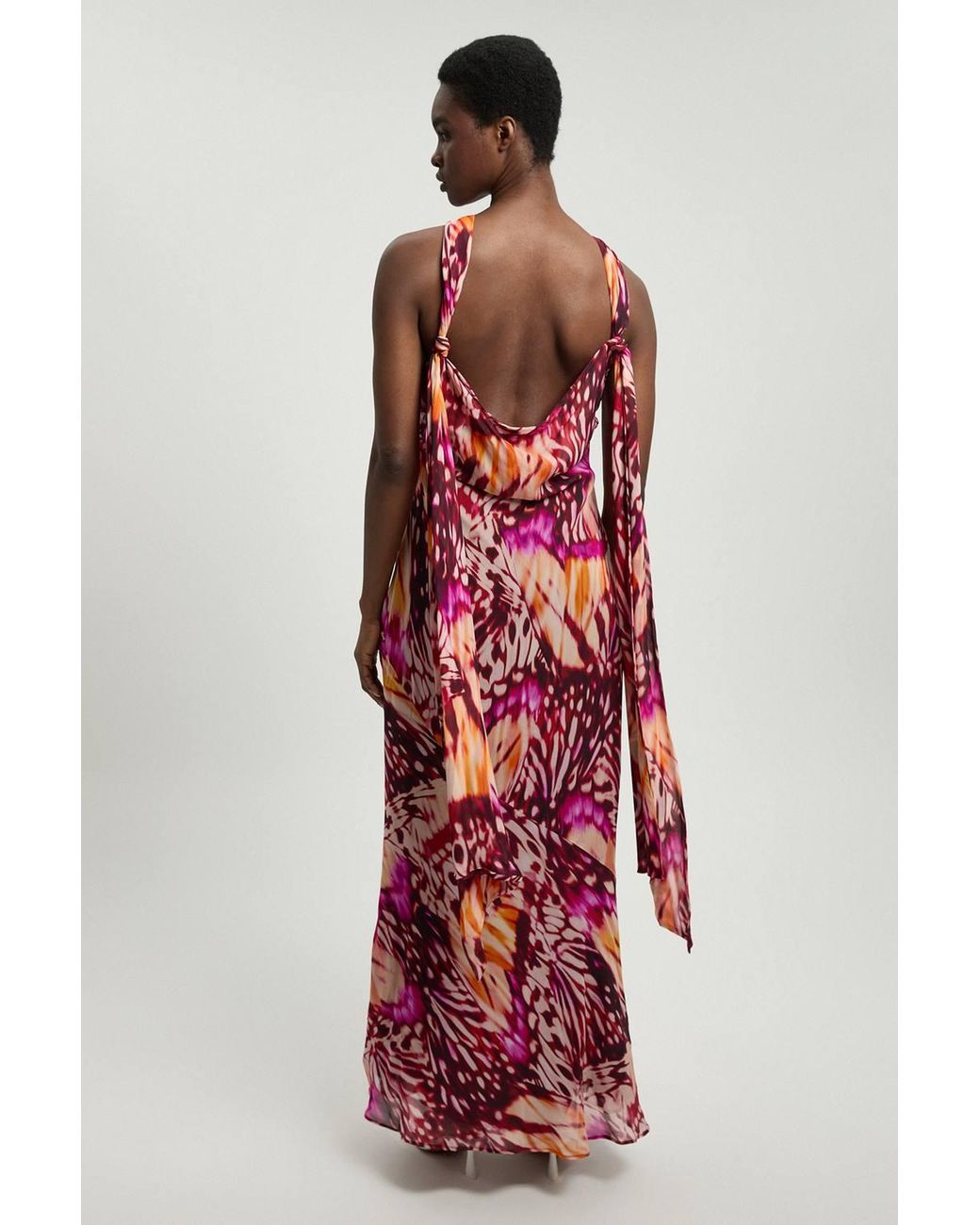 Karen Millen Red Petite Viscose Georgette Butterfly Print Rosette Halterneck Maxi Dress