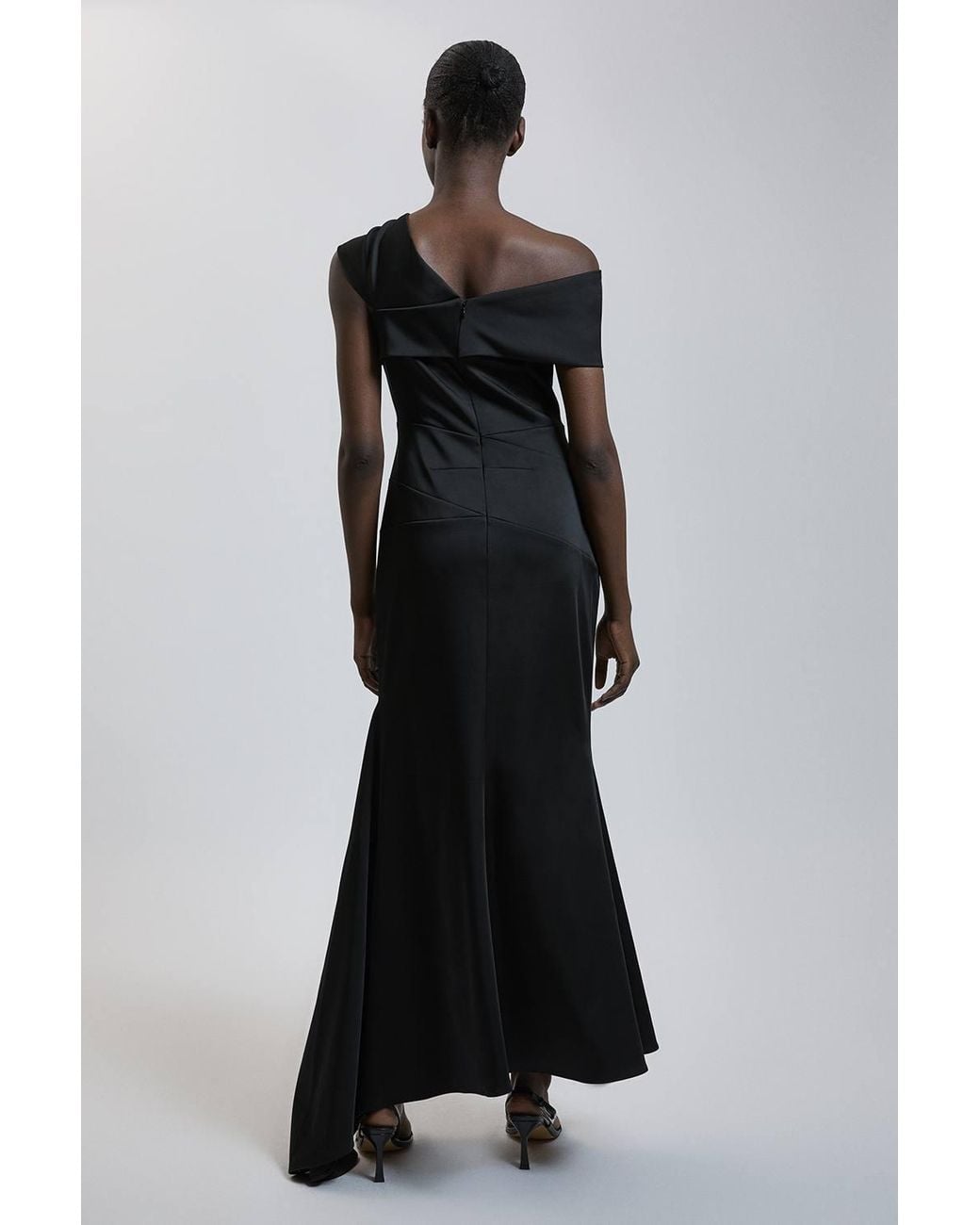 Karen Millen Black Tailored Satin Drape Asymmetric Maxi Fishtail Dress