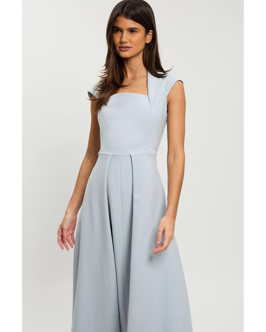 Karen Millen Blue Petite Compact Stretch Square Neck Tailored Full Skirted Maxi Dress