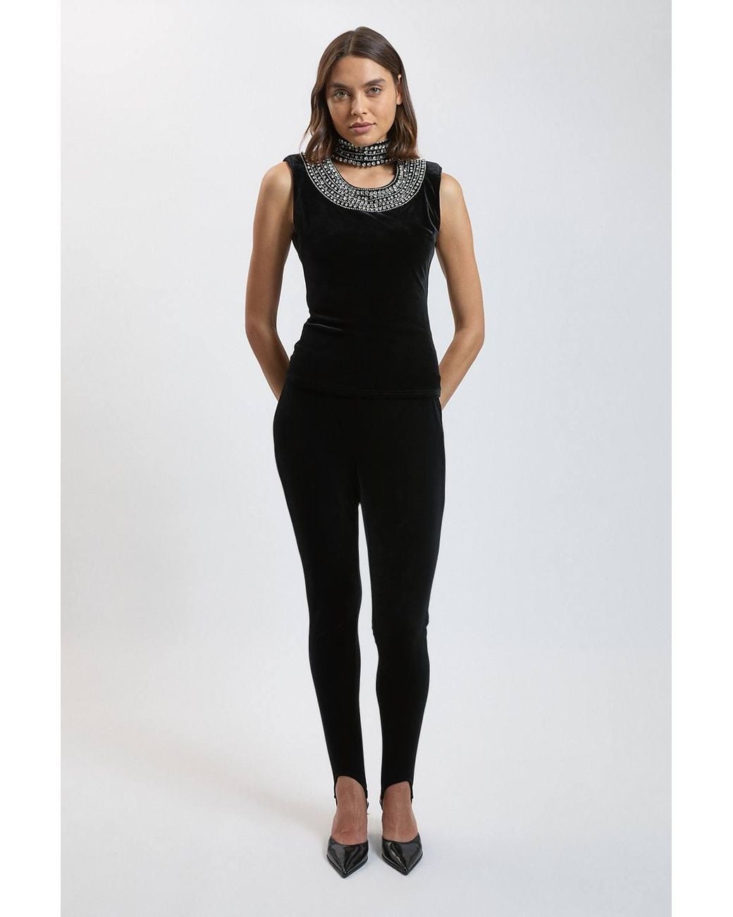 Karen Millen Black Crystal Trim Velvet Top