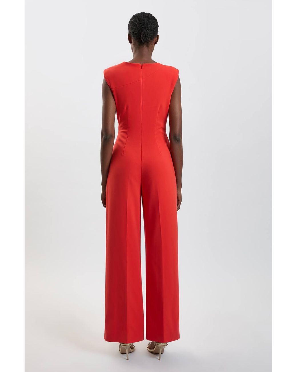 Karen Millen Red Compact Stretch Drape Detail Jumpsuit