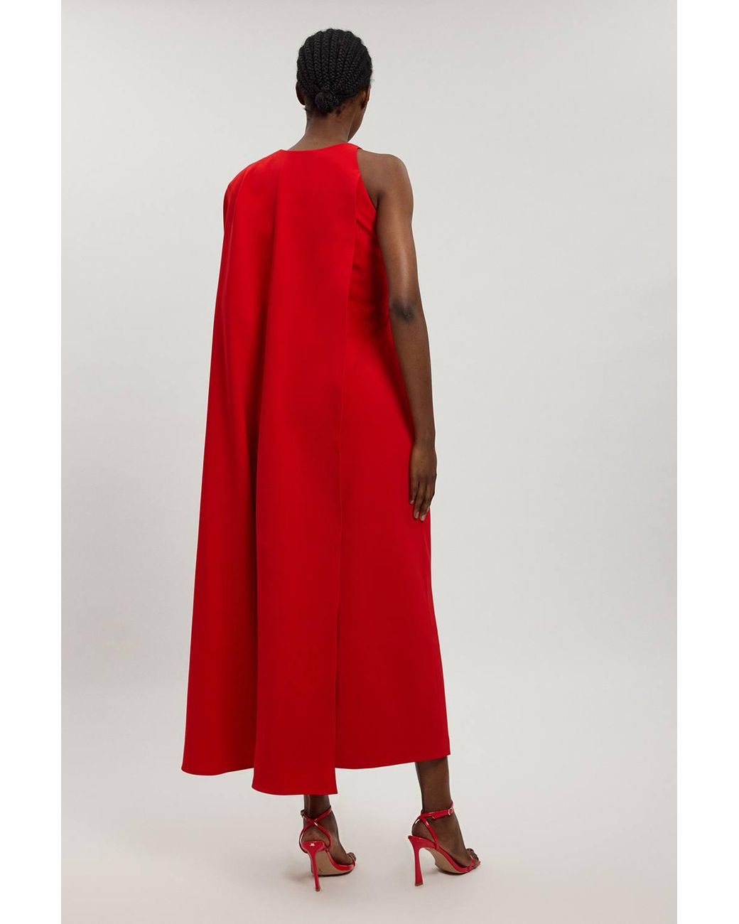 Karen Millen Red Compact Viscose Asymmetric Detail Maxi Dress