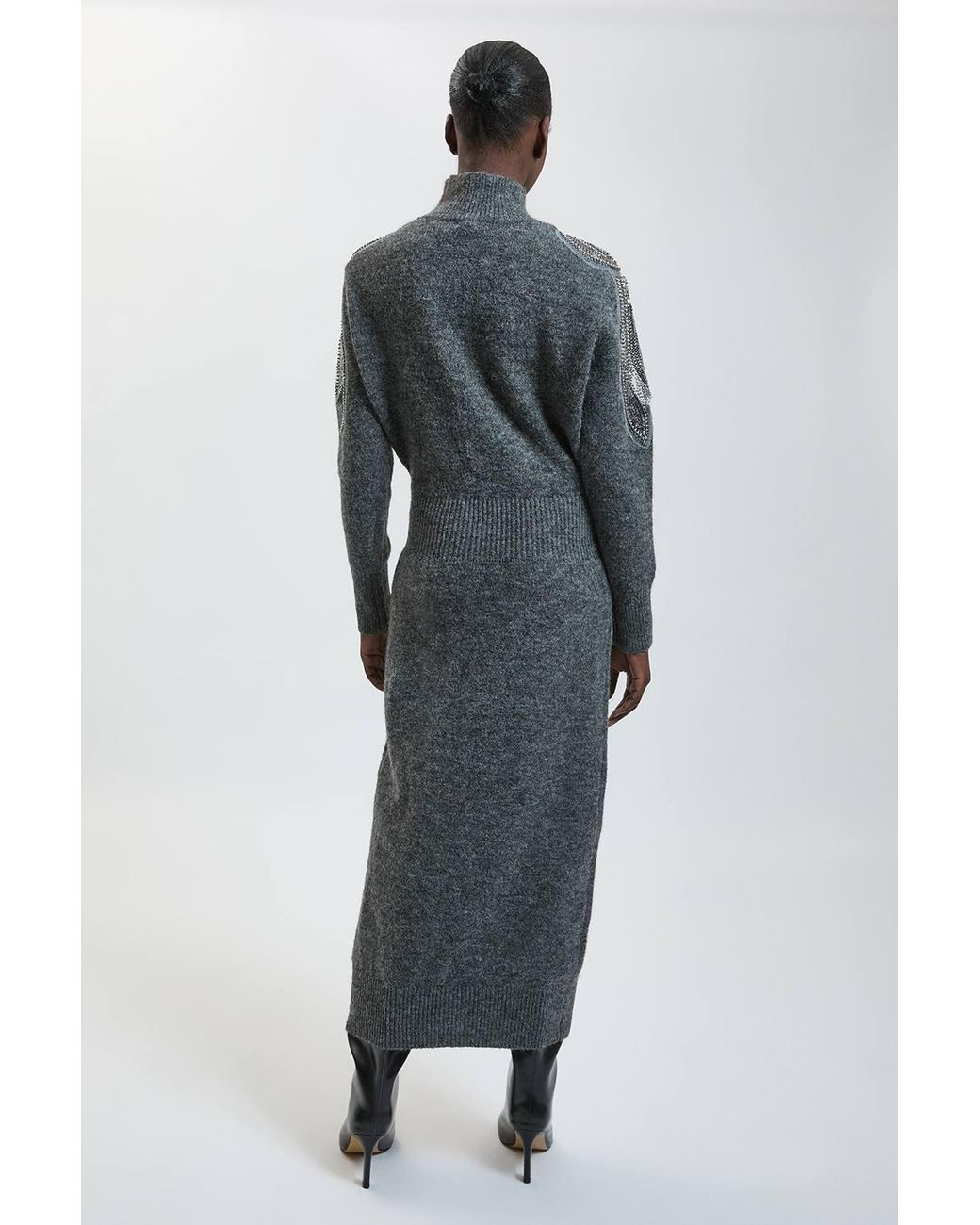 Karen Millen Blue Embellished Cosy Knitted Midi Dress