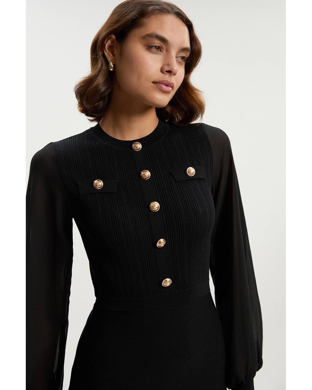 Karen Millen Black Viscose Blend Maxi Knit Dress With Chiffon Sleeve Military Trim