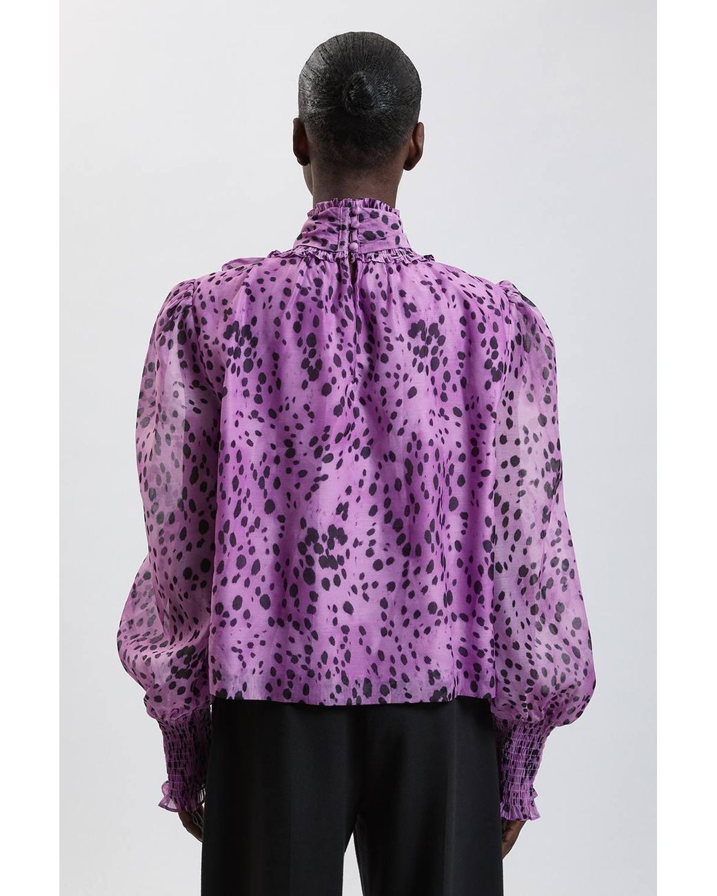 Karen Millen Purple Spot Animal Print High Neck Ruched Detail Blouse
