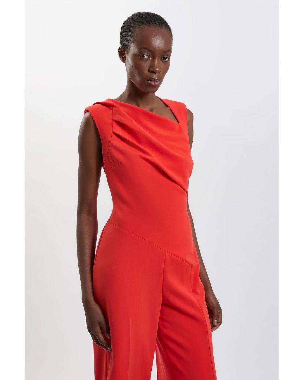 Karen Millen Red Compact Stretch Drape Detail Jumpsuit